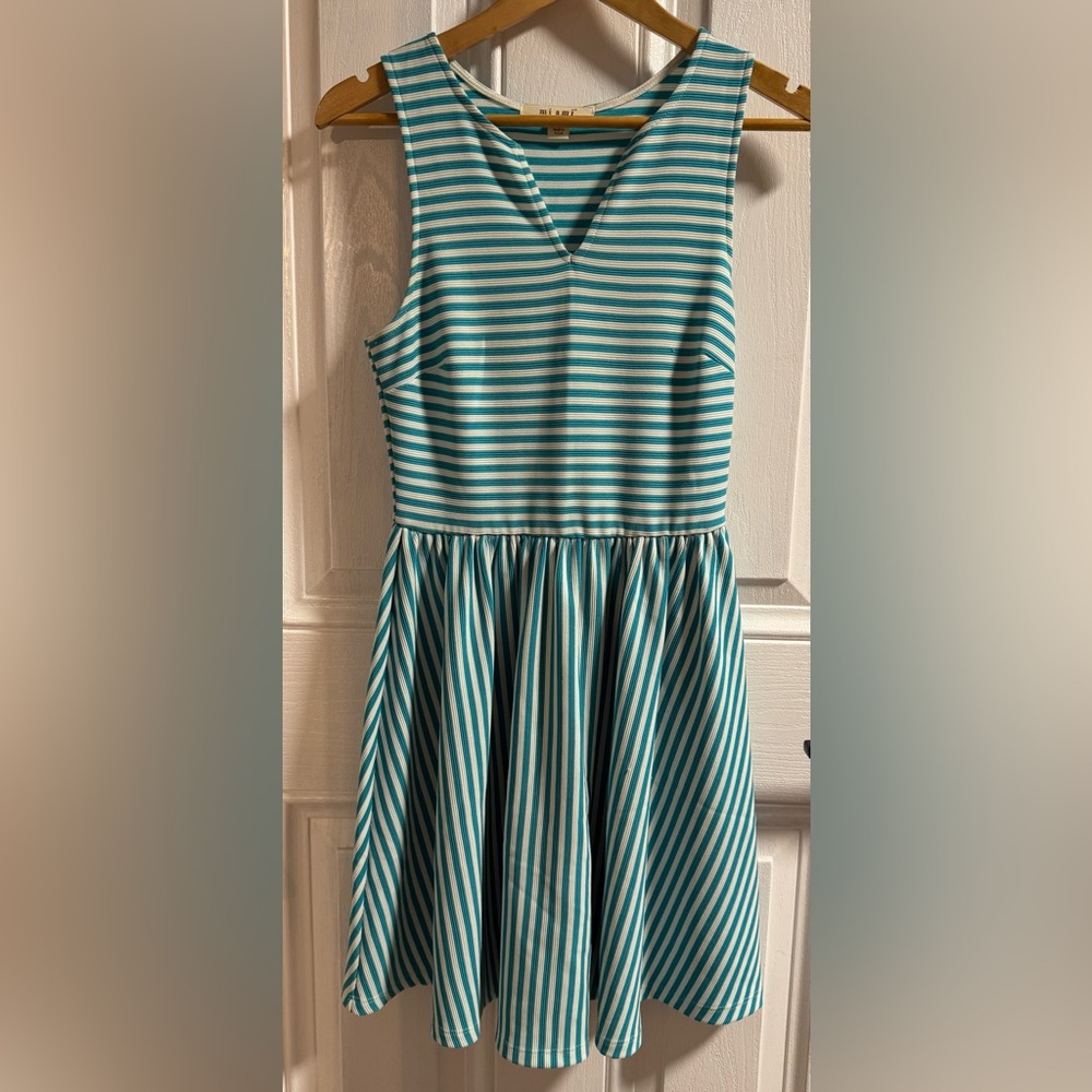 Miami Striped Fit & Flare Dress Teal White Sleeveless Size S Summer Derby